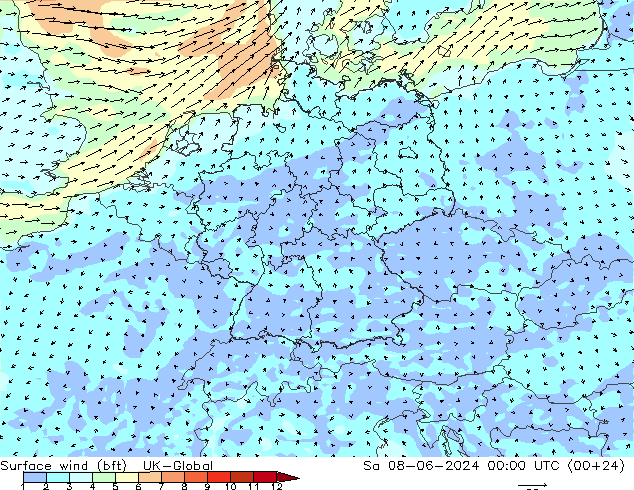 Wind 10 m (bft) UK-Global za 08.06.2024 00 UTC