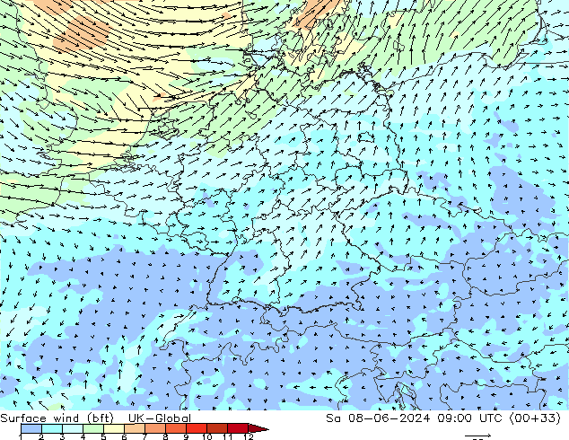 Surface wind (bft) UK-Global Sa 08.06.2024 09 UTC