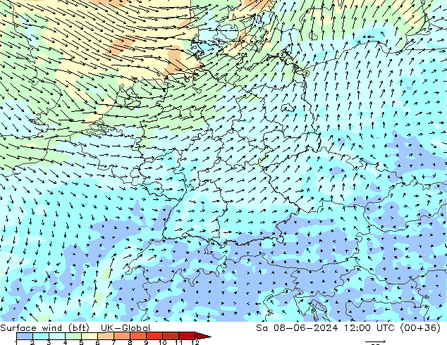 Wind 10 m (bft) UK-Global za 08.06.2024 12 UTC
