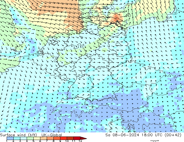 Surface wind (bft) UK-Global Sa 08.06.2024 18 UTC