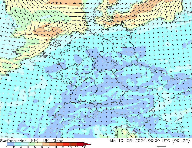 Wind 10 m (bft) UK-Global ma 10.06.2024 00 UTC