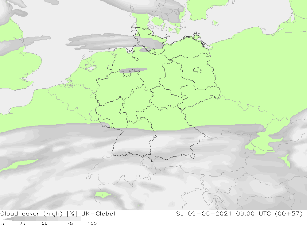 Cloud cover (high) UK-Global Su 09.06.2024 09 UTC