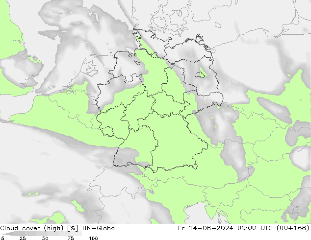 Cloud cover (high) UK-Global Fr 14.06.2024 00 UTC