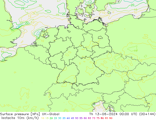 Izotacha (km/godz) UK-Global czw. 13.06.2024 00 UTC