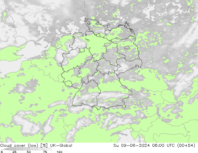 Cloud cover (low) UK-Global Su 09.06.2024 06 UTC