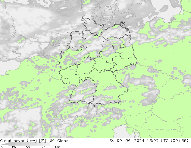 Cloud cover (low) UK-Global Su 09.06.2024 18 UTC