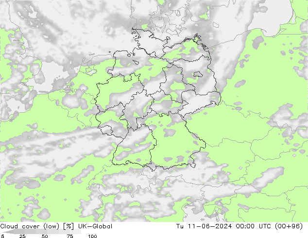 Cloud cover (low) UK-Global Tu 11.06.2024 00 UTC