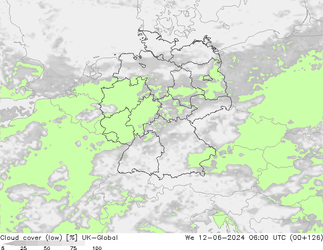 Cloud cover (low) UK-Global We 12.06.2024 06 UTC