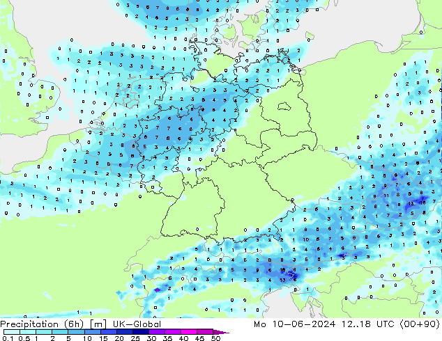 Precipitation (6h) UK-Global Mo 10.06.2024 18 UTC