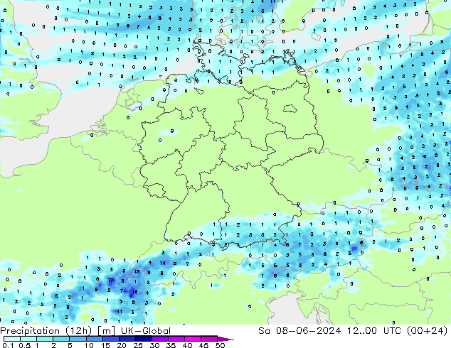 Precipitation (12h) UK-Global Sa 08.06.2024 00 UTC