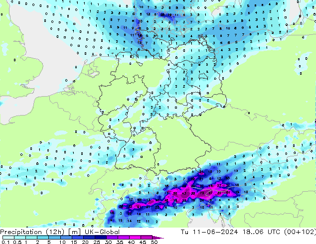 Precipitation (12h) UK-Global Tu 11.06.2024 06 UTC