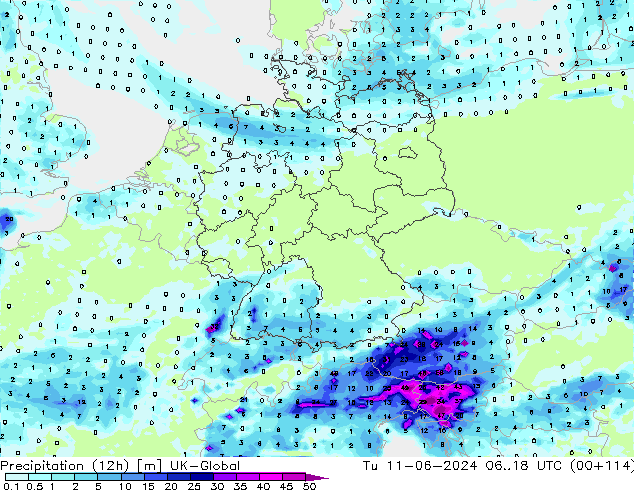 Precipitação (12h) UK-Global Ter 11.06.2024 18 UTC