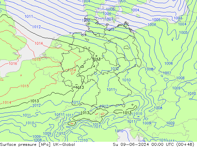 Pressione al suolo UK-Global dom 09.06.2024 00 UTC