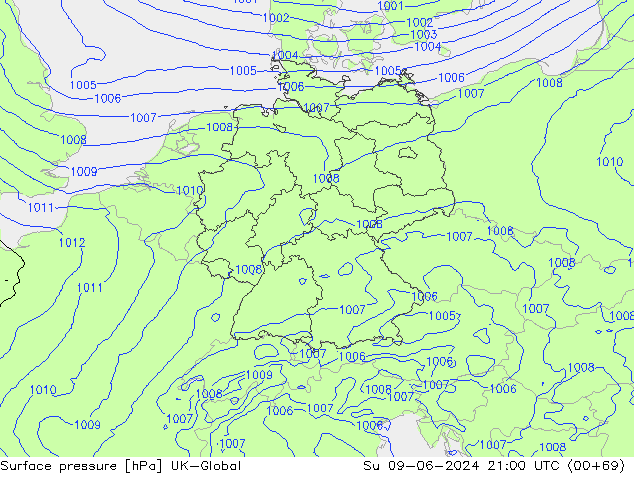 Surface pressure UK-Global Su 09.06.2024 21 UTC