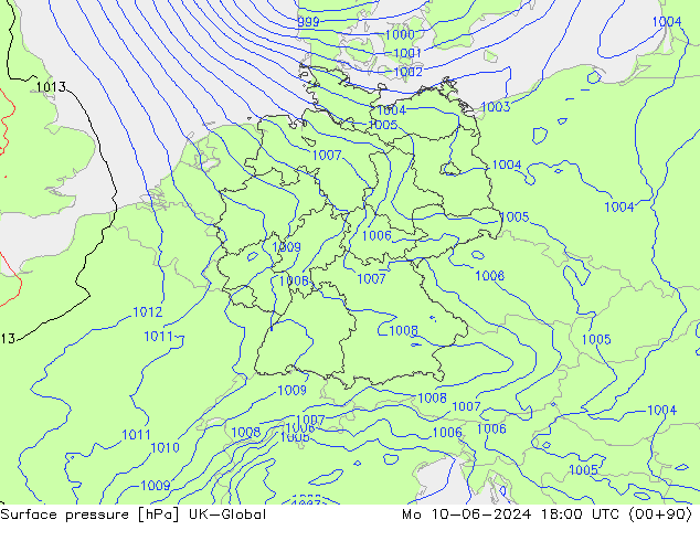 Pressione al suolo UK-Global lun 10.06.2024 18 UTC