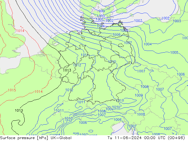 Surface pressure UK-Global Tu 11.06.2024 00 UTC