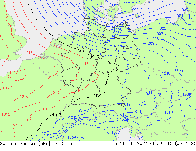 Atmosférický tlak UK-Global Út 11.06.2024 06 UTC