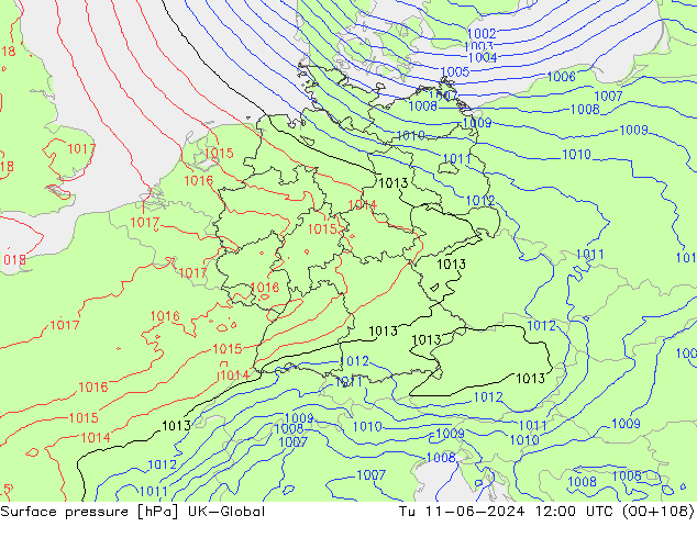 Surface pressure UK-Global Tu 11.06.2024 12 UTC