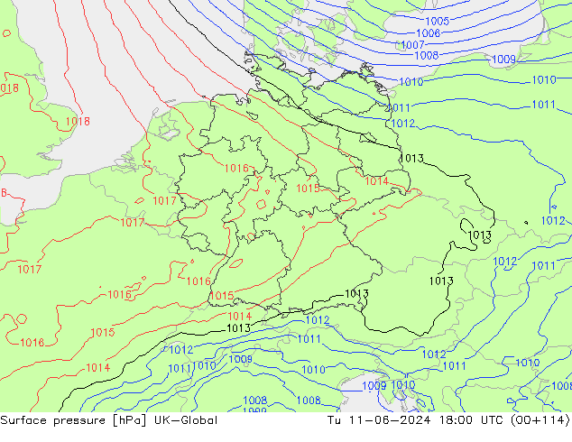 Atmosférický tlak UK-Global Út 11.06.2024 18 UTC