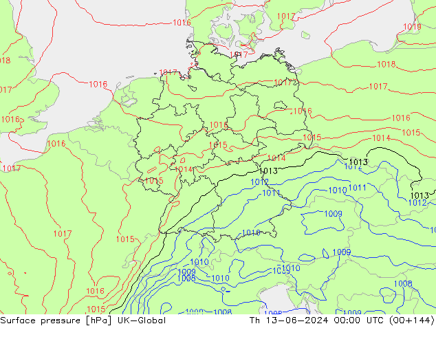 Surface pressure UK-Global Th 13.06.2024 00 UTC