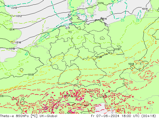 Theta-e 850гПа UK-Global пт 07.06.2024 18 UTC