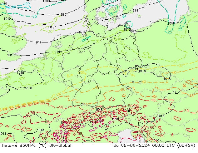 Theta-e 850hPa UK-Global So 08.06.2024 00 UTC