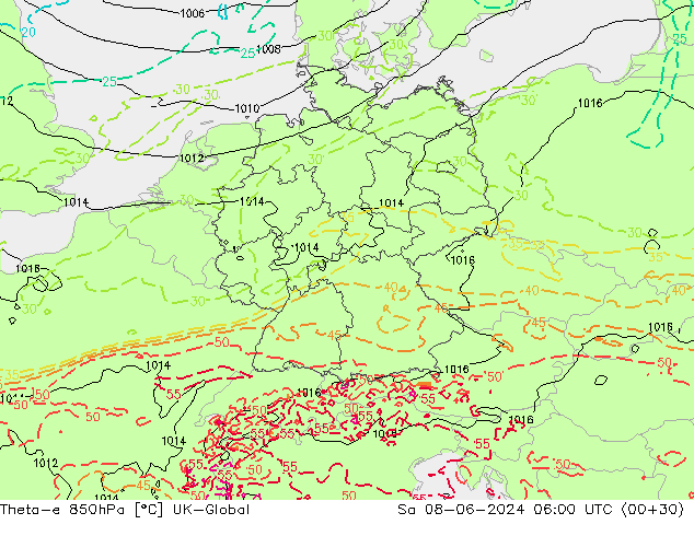 Theta-e 850hPa UK-Global Sa 08.06.2024 06 UTC