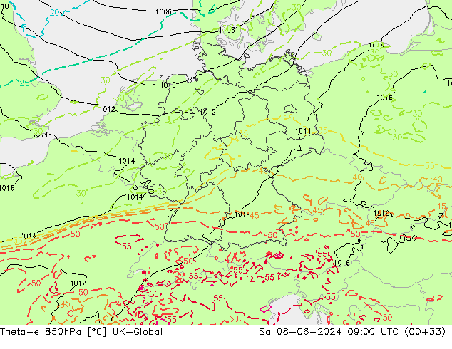 Theta-e 850hPa UK-Global Sa 08.06.2024 09 UTC