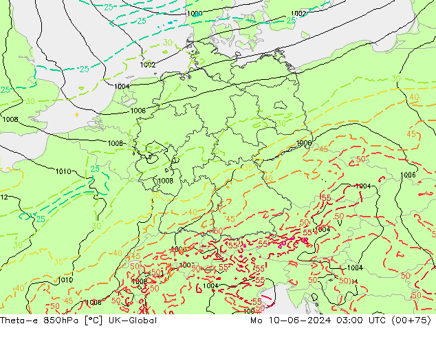 Theta-e 850hPa UK-Global pon. 10.06.2024 03 UTC