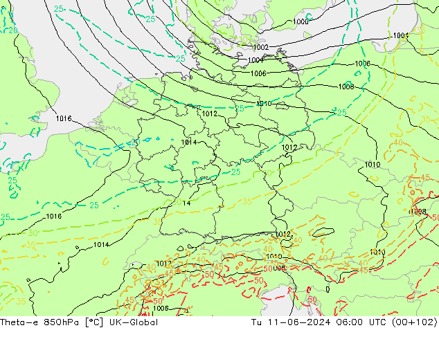 Theta-e 850hPa UK-Global  11.06.2024 06 UTC