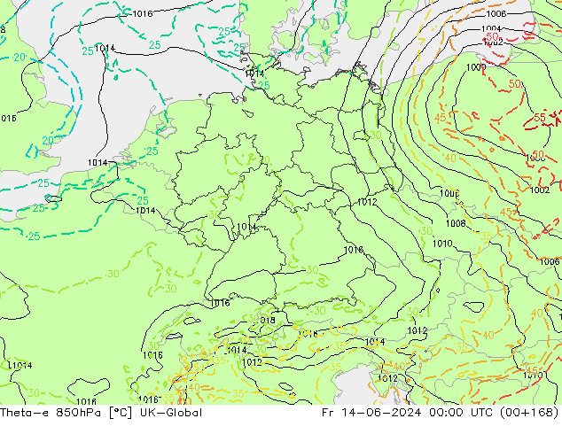Theta-e 850hPa UK-Global vr 14.06.2024 00 UTC