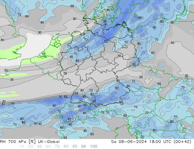 RH 700 hPa UK-Global So 08.06.2024 18 UTC