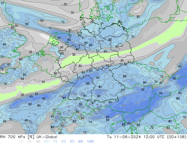 RH 700 hPa UK-Global Tu 11.06.2024 12 UTC