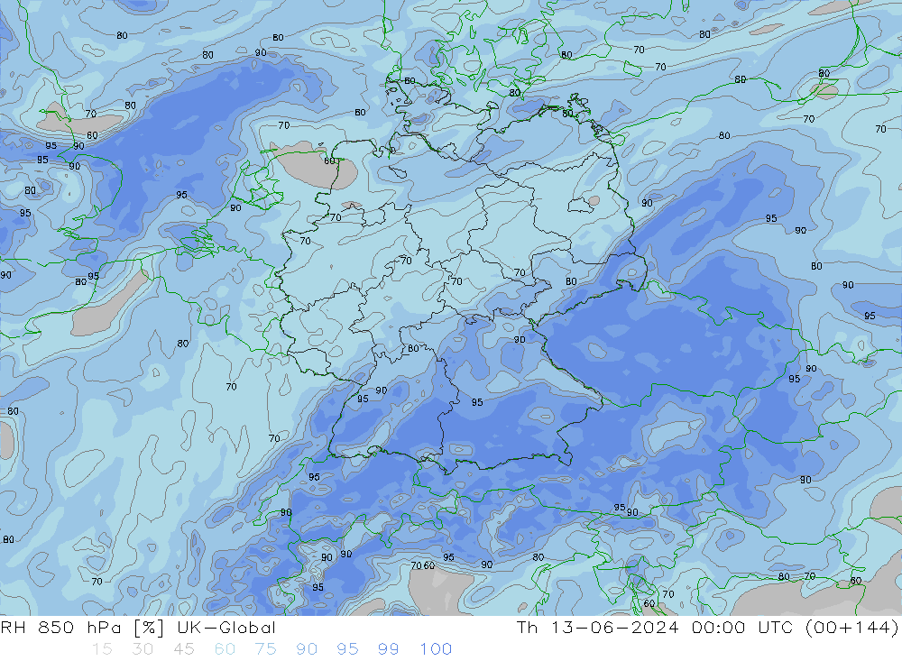 Humedad rel. 850hPa UK-Global jue 13.06.2024 00 UTC