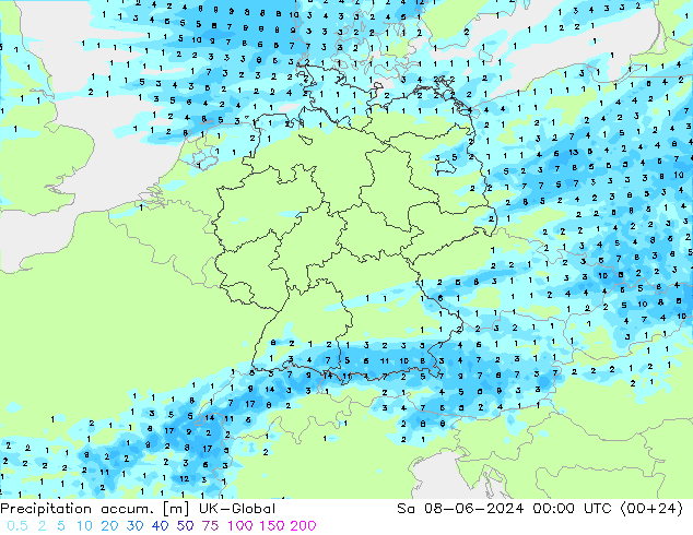 Precipitation accum. UK-Global So 08.06.2024 00 UTC