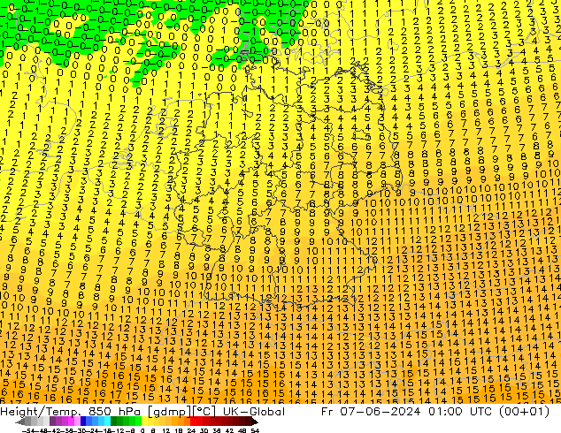 Height/Temp. 850 hPa UK-Global Fr 07.06.2024 01 UTC