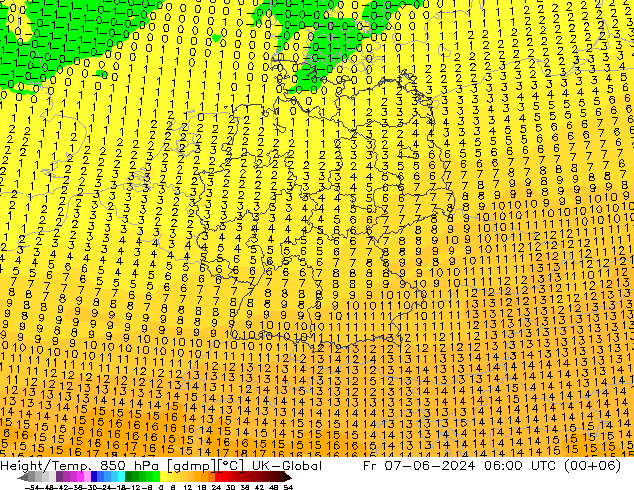 Hoogte/Temp. 850 hPa UK-Global vr 07.06.2024 06 UTC