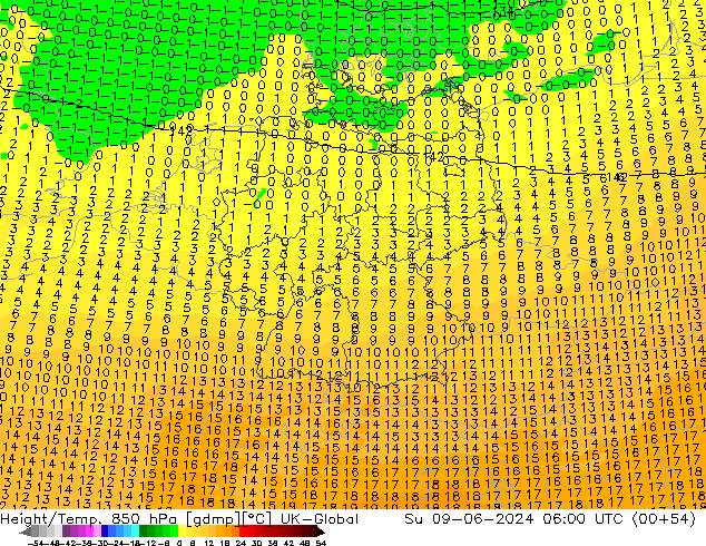 Height/Temp. 850 hPa UK-Global nie. 09.06.2024 06 UTC