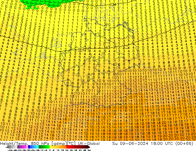 Height/Temp. 850 hPa UK-Global Su 09.06.2024 18 UTC