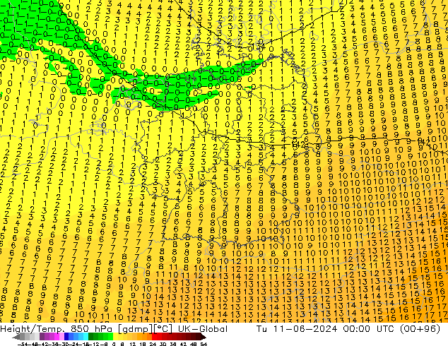 Height/Temp. 850 hPa UK-Global Di 11.06.2024 00 UTC