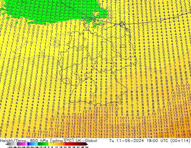 Hoogte/Temp. 850 hPa UK-Global di 11.06.2024 18 UTC