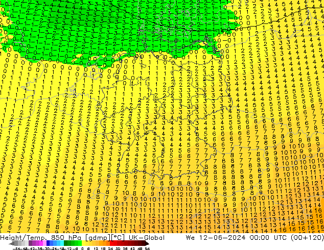 Height/Temp. 850 hPa UK-Global St 12.06.2024 00 UTC