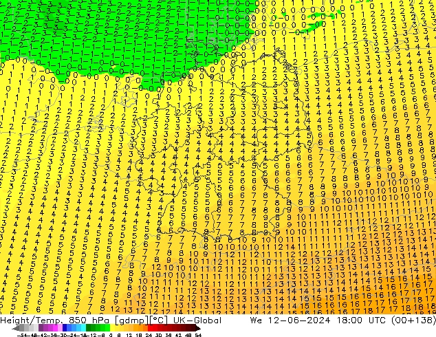 Height/Temp. 850 hPa UK-Global St 12.06.2024 18 UTC