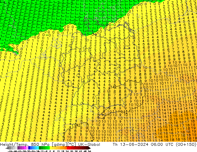 Height/Temp. 850 hPa UK-Global gio 13.06.2024 06 UTC