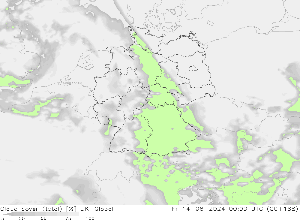 Cloud cover (total) UK-Global Pá 14.06.2024 00 UTC