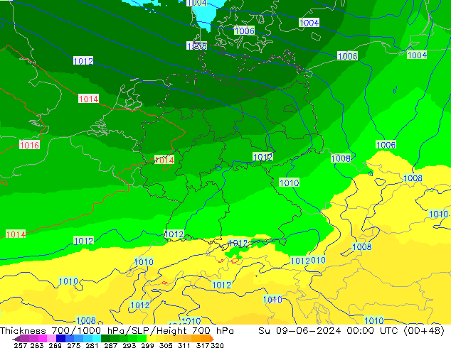 Thck 700-1000 hPa UK-Global dom 09.06.2024 00 UTC