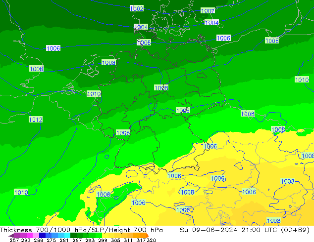 Thck 700-1000 hPa UK-Global Ne 09.06.2024 21 UTC