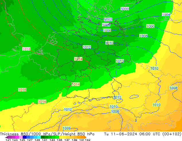 Thck 850-1000 hPa UK-Global Út 11.06.2024 06 UTC