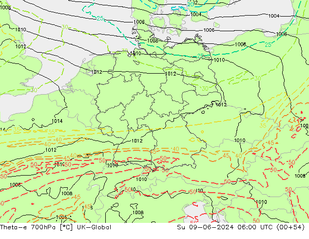 Theta-e 700hPa UK-Global Su 09.06.2024 06 UTC
