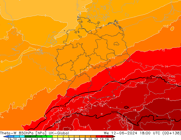 Theta-W 850hPa UK-Global We 12.06.2024 18 UTC